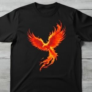 Fiery Phoenix Graphic Tee • Black Mythical Bird Shirt • Unisex Graphic T‑Shirt
